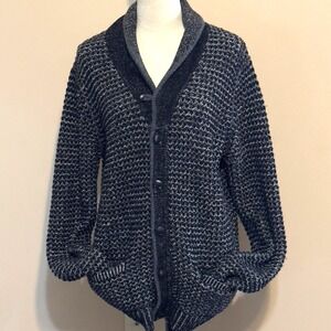 Rag & Bone Sweater Mens Sz L Chunky Wool Blend Collared Black Gray Grandpa Core